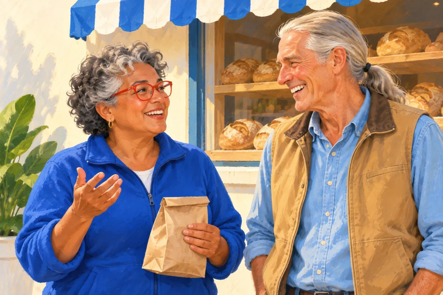Gouache illustration of two strangers laughing together in line outside a bakery on a sunny morning. On the left, a Puerto Rican woman in her late fifties with short curly grey hair, red-framed glasses and small gold hoop earrings, in a cobalt-blue zip fleece, holds a brown paper bag and gestures as she talks. On the right, a lanky, clean-shaven white man in his late sixties with long grey hair in a low ponytail, in a tan canvas vest over a light-blue chambray shirt, laughs. Behind them are round loaves on wooden shelves in the bakery window under a blue-and-white striped awning.