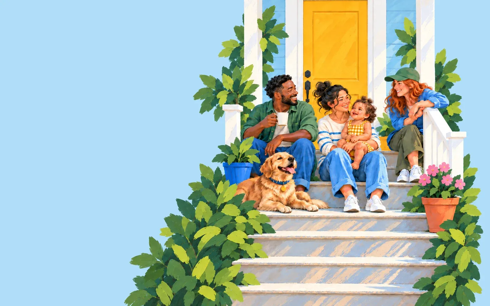 Neighbors of different ages talking on a sunny porch, with a dog by the steps