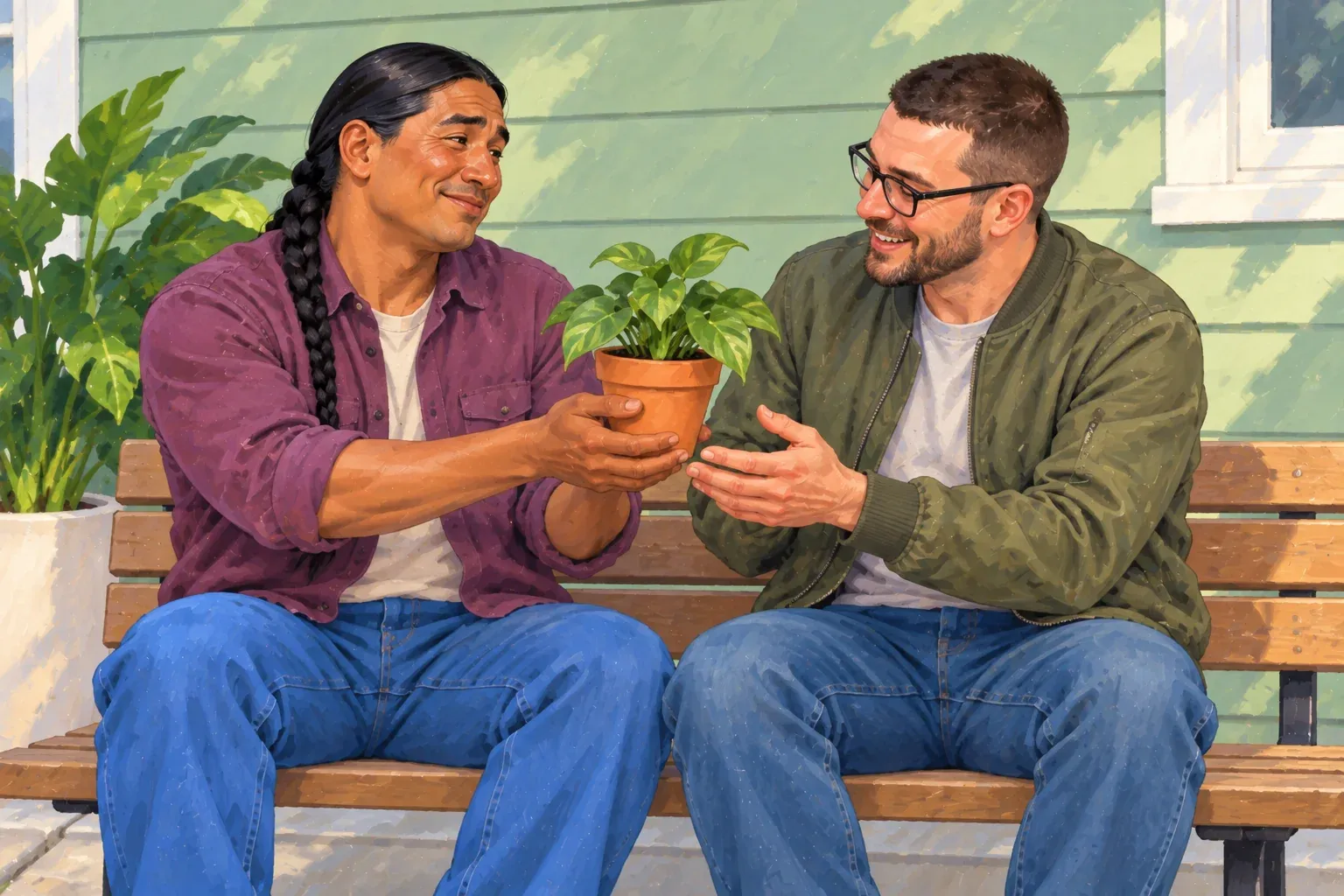 Gouache illustration of two men in their late thirties on a wooden bench in front of a pale green house. A Native American man with a long black braid and a plum-purple shirt holds out a small plant in a terracotta pot. His friend, a white man with a brown buzz cut, black glasses and an olive-green bomber jacket, smiles and reaches for it.