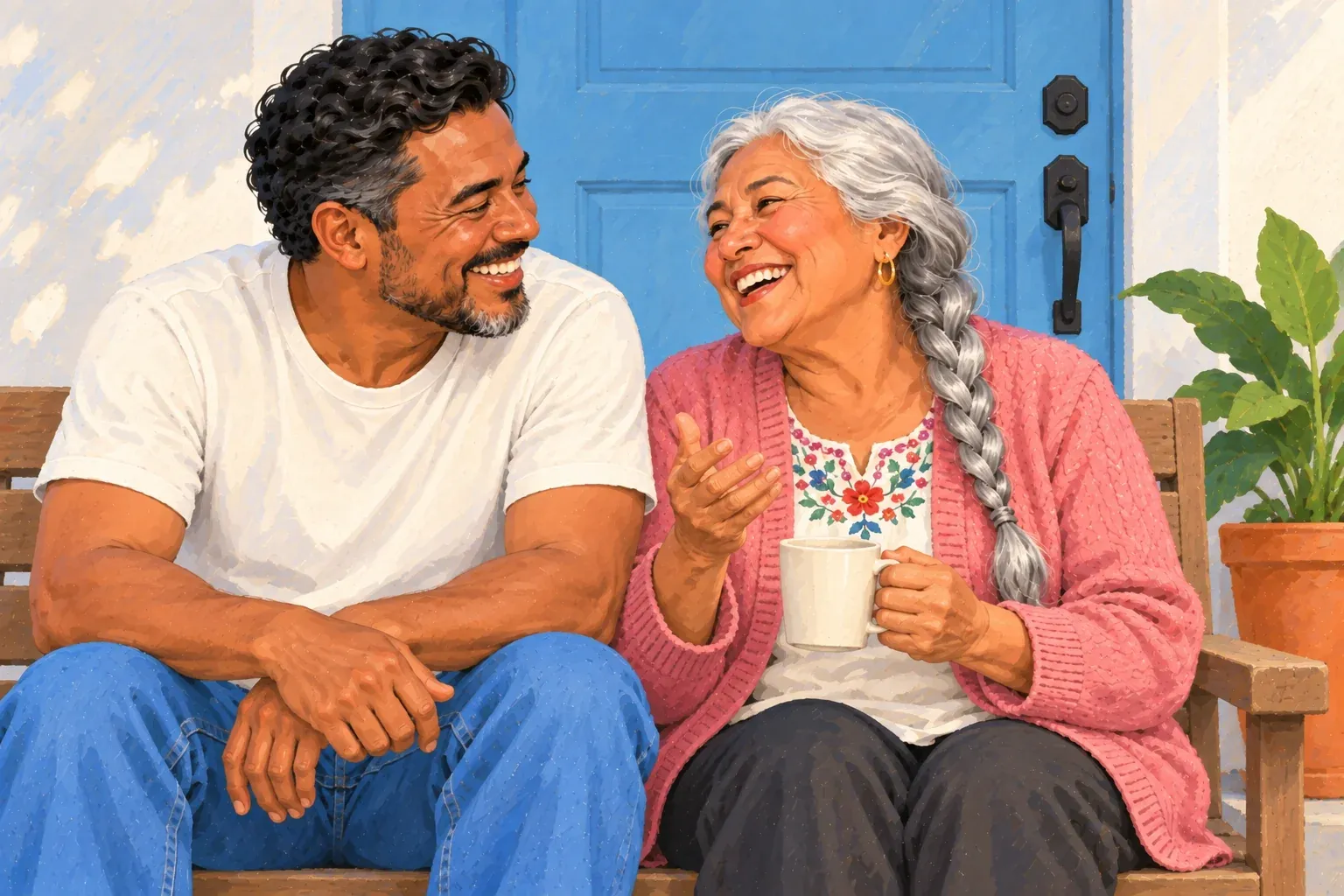 Gouache illustration of a Latino man in his forties with curly dark hair and a greying beard, in a white t-shirt and jeans, sitting on a wooden bench beside a sky-blue front door. He smiles and listens to his mother, a woman in her seventies with a long silver braid, a pink cardigan and an embroidered blouse, who laughs and talks with a white mug in her hand. A potted plant stands at the right.
