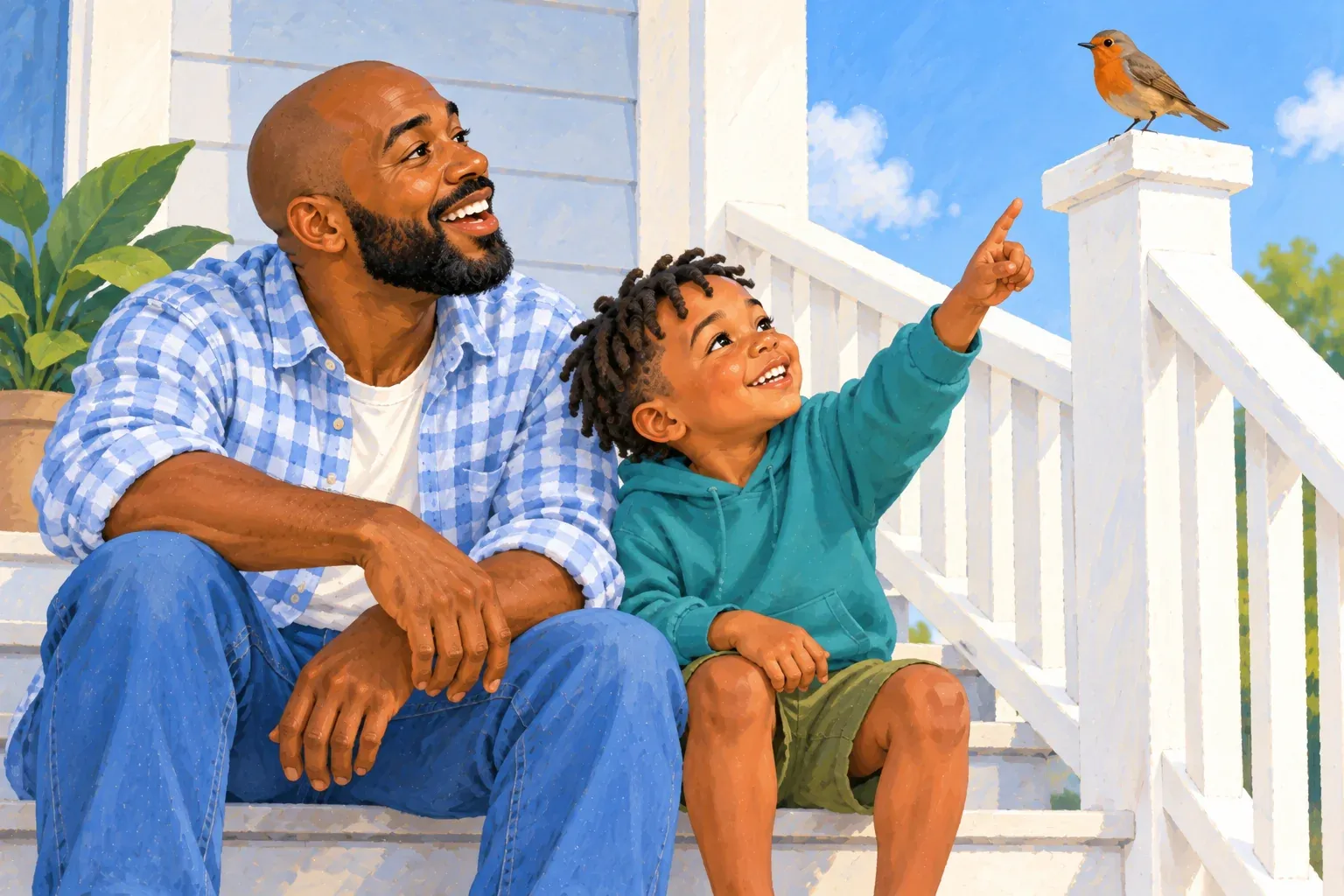 Gouache illustration of a Black father in his thirties with a shaved head and a full black beard, in a blue-and-white gingham shirt and jeans, sitting on white wooden front steps beside his son, about five, who has short twists and wears a teal hoodie and green shorts. The boy points up at a small orange-breasted bird on top of the white porch railing, and both of them smile up at it.