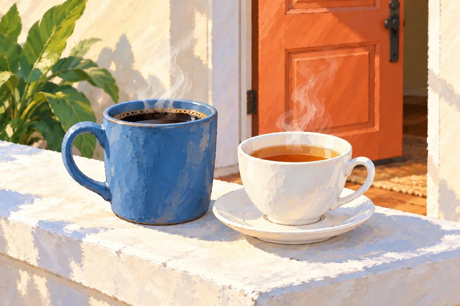 Gouache illustration of a denim-blue mug of black coffee and a white teacup of amber tea on a saucer, both steaming, on top of a low white stoop wall in morning sun, with an open terracotta front door and a few large green leaves behind them.