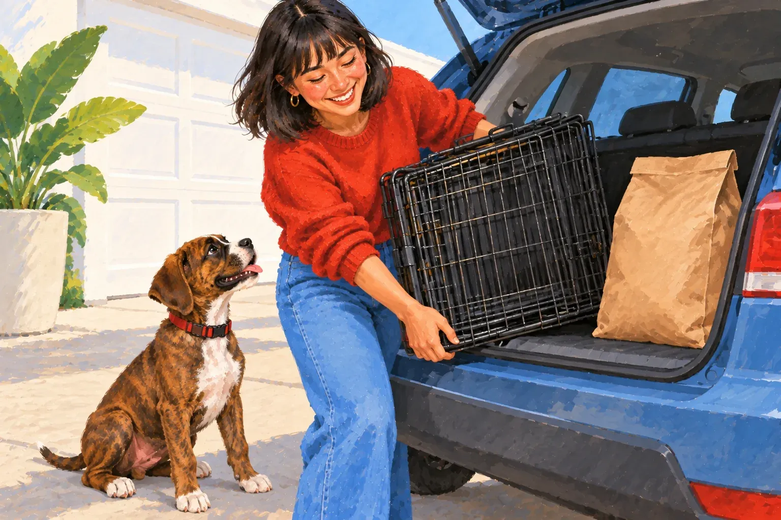 Gouache illustration of a young woman with bangs and a shoulder-length dark bob, in a red sweater and jeans, smiling as she lifts a folded black wire crate out of the open back of a blue car parked in a sunny driveway. A plain brown paper sack of dog food sits in the trunk, and a brindle boxer puppy in a red collar sits on the pavement, looking up at her.