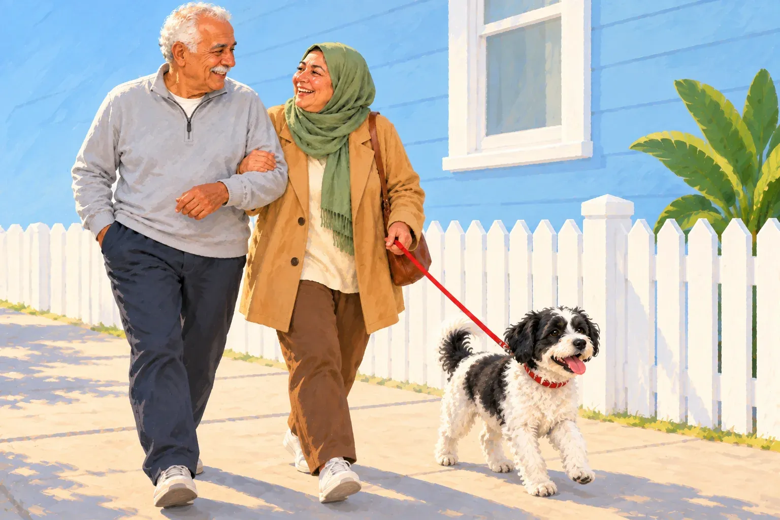 Gouache illustration of an Arab couple in their sixties walking arm in arm and laughing down a sunny sidewalk past a white picket fence and a sky-blue house. He has white hair, a white mustache, a light grey quarter-zip and navy trousers. She wears a sage-green hijab, a camel coat and brown trousers, and holds a red leash attached to a curly black-and-white dog trotting ahead of them.