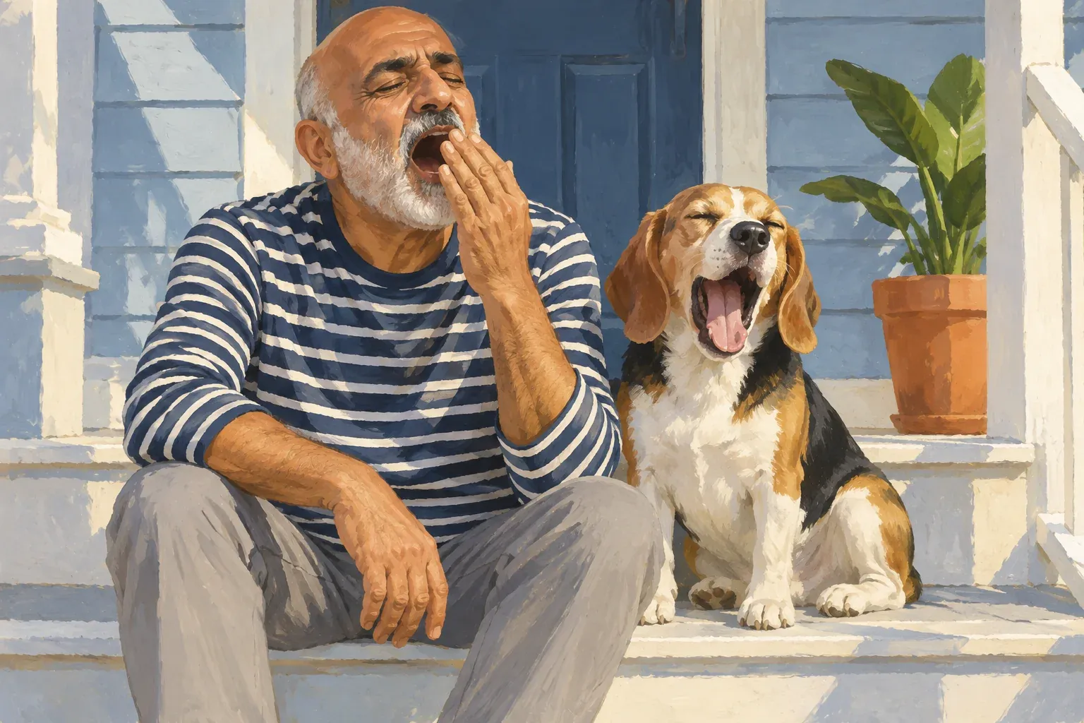 Gouache illustration of a bald Middle Eastern man in his early sixties with a white beard, a navy-and-white striped long-sleeve shirt and grey trousers, sitting on sunny white front steps and yawning behind his hand. A beagle sits on the step beside him with its eyes shut and its mouth wide open in a yawn. Behind them are pale blue siding, a navy front door and a terracotta pot with a few large green leaves.