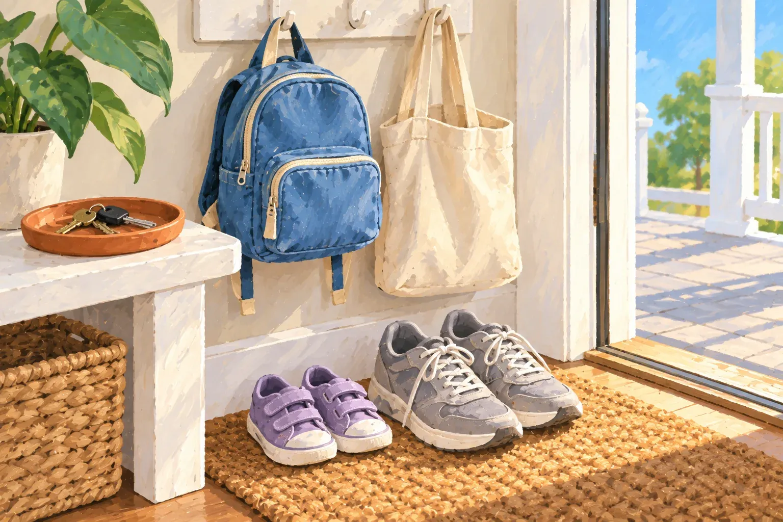 Gouache illustration of a sunny entryway just inside an open front door. A denim-blue child's backpack and a cream canvas tote hang from white wall hooks above a woven doormat, where a pair of small purple sneakers sits next to a pair of grey adult sneakers. House keys rest in a terracotta dish on a white bench, and a white porch railing and blue sky show through the doorway.