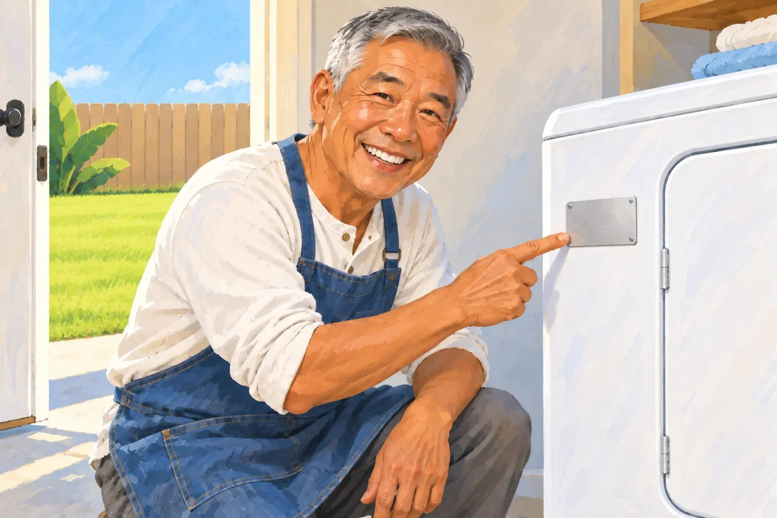 Gouache illustration of a smiling East Asian man in his late sixties with short grey hair, in a denim apron over a white henley with pushed-up sleeves and grey trousers, crouching beside a white clothes dryer and pointing at a small blank silver plate on its side. An open back door behind him shows a green lawn, a wooden fence and blue sky.