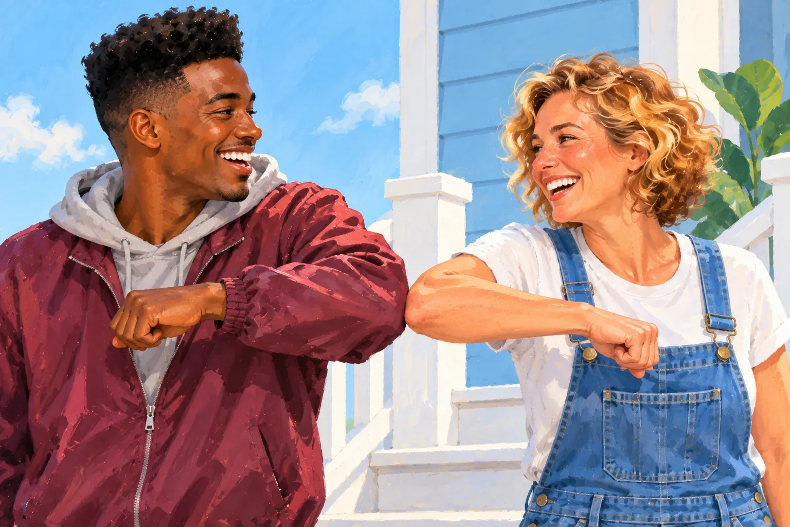 Gouache illustration of a young Black man in his twenties with a high-top fade and a thin mustache, in a burgundy windbreaker over a grey hoodie, laughing as he bumps elbows with a woman in her forties with short sandy-blonde curls, a plain white t-shirt and denim overalls. They stand at the foot of white porch steps in front of a pale blue house.