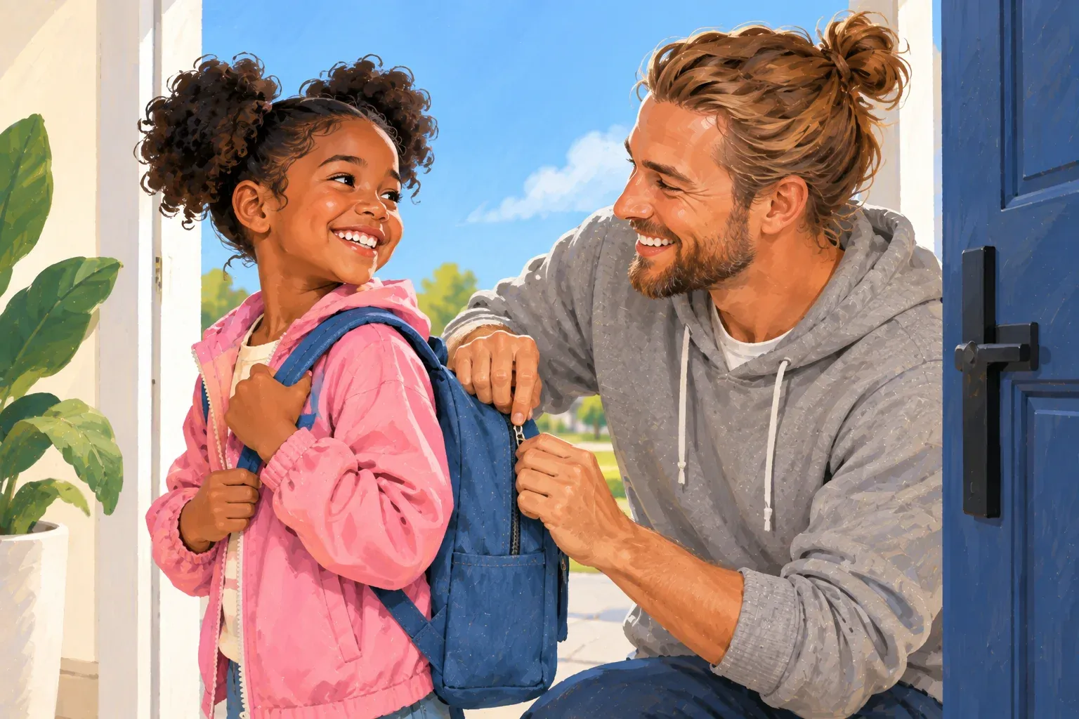Gouache illustration of a white father in his thirties with a sandy man-bun, a short beard and a grey hoodie, crouching in an open front doorway to zip the denim-blue backpack of his daughter, a Black girl about seven with curly hair in two puffs and a pink jacket. They grin at each other. A large-leaved plant stands on one side, a blue door on the other, and a sunny street and blue sky fill the doorway behind them.