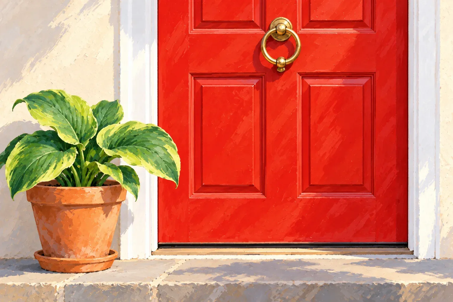 Gouache illustration of a red six-panel front door with a round brass knocker, set in white trim against a pale cream wall. A terracotta pot of large green and yellow hosta leaves sits on the stone step beside it.