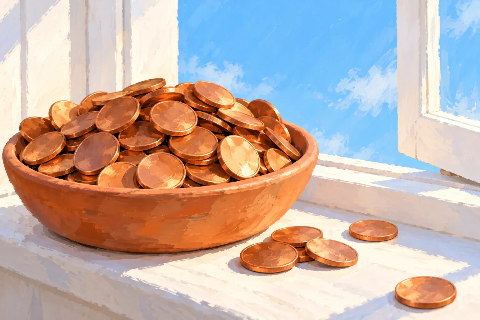 Gouache illustration of a terracotta bowl heaped with shiny copper coins on a sunlit white windowsill. A few coins lie spilled on the sill beside it, and an open window shows blue sky with soft white clouds.