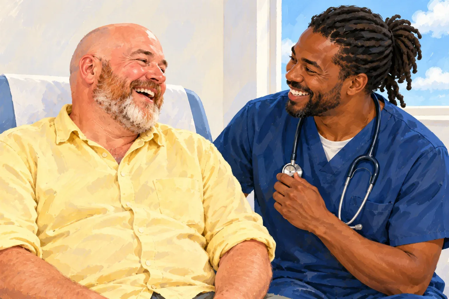 Gouache illustration of a bald white man in his fifties with a ginger-grey beard and a pale-yellow shirt, laughing in a blue-and-white clinic chair. Beside him a Black male nurse in navy scrubs, his dreadlocks tied back, holds a stethoscope and laughs with him. A window behind them shows blue sky and white clouds.