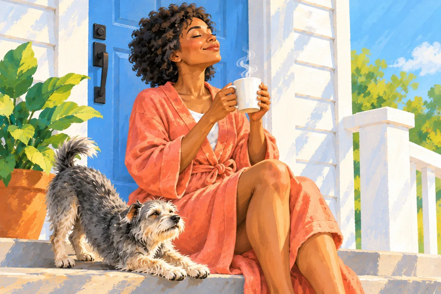 Gouache illustration of a woman in her thirties with a short natural afro and a coral robe, sitting on a sunny front step by an open blue door with her eyes closed and her face tipped up to the morning sun. She holds a steaming white mug. A scruffy grey terrier stretches on the step beside her, next to a potted plant.
