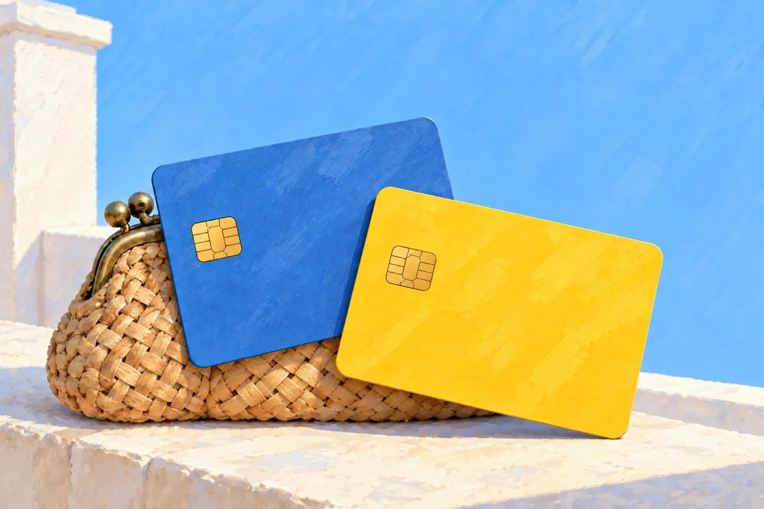 Gouache illustration of two blank payment cards with gold chips, one denim blue and one sunshine yellow, leaning against a small woven straw coin purse with a brass ball clasp on a sunny white stone ledge, with a flat sky-blue background.