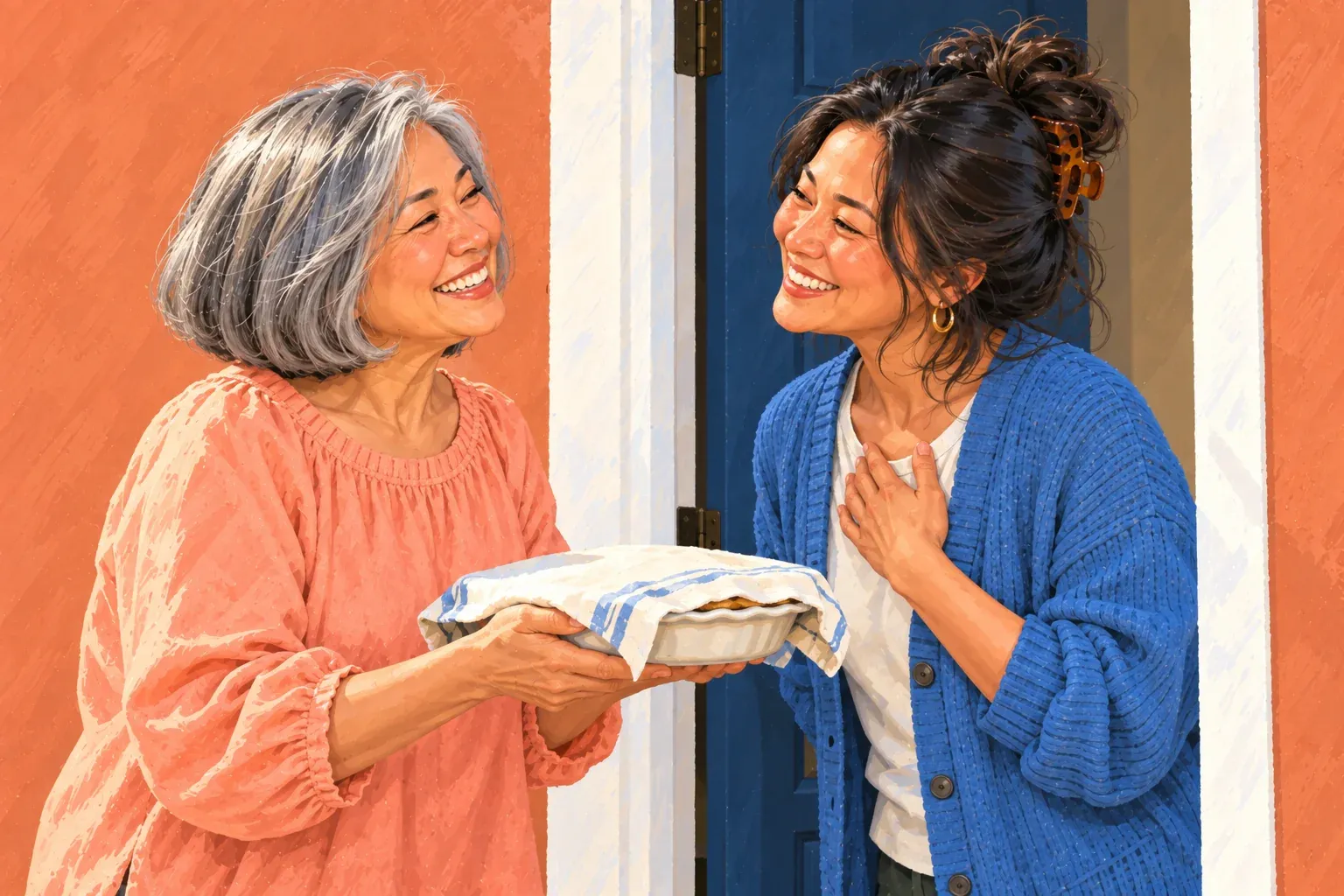 Gouache illustration of two Vietnamese-American sisters in their fifties at an open back door against a terracotta wall. One, with a grey bob and a peach blouse, holds out a small cloth-covered pie dish. The other, with dark hair clipped up and a denim-blue cardigan, stands in the doorway with a hand on her heart, smiling.