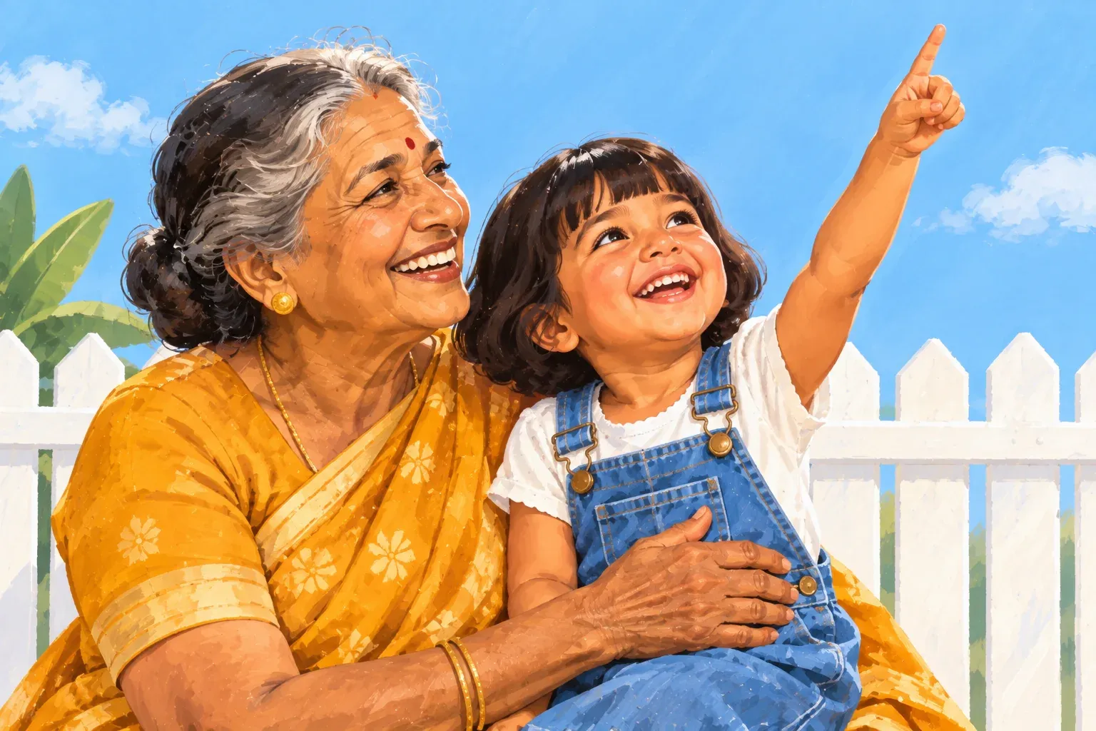 Gouache illustration of a South Asian grandmother in her seventies, grey hair in a low bun, wearing a marigold sari, gold earrings and gold bangles, laughing with her arm around her granddaughter. The girl, about four, has a dark bob with bangs, a white tee and denim overalls, and she laughs as she points up at the blue sky. A white picket fence and a few large green leaves stand behind them.