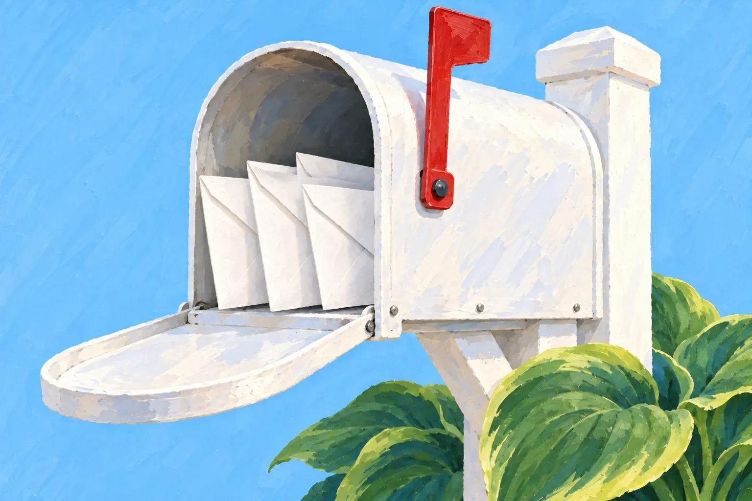 Gouache illustration of a white curbside mailbox on a white post, its lid hanging open and its red flag raised, with three blank white envelopes standing inside. The sky behind it is flat blue, and large green-and-cream hosta leaves grow at the base of the post.