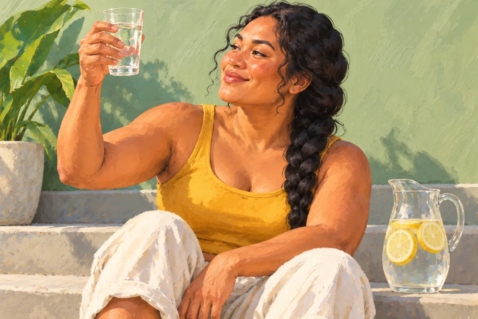 Gouache illustration of a woman in her thirties with a long dark braid, a mustard tank top and loose white trousers, sitting on sunny concrete back steps against a sage-green wall. She smiles and holds a glass of water up to the light. A glass pitcher of water with lemon slices stands on the step beside her, and a potted plant with large leaves sits behind her.