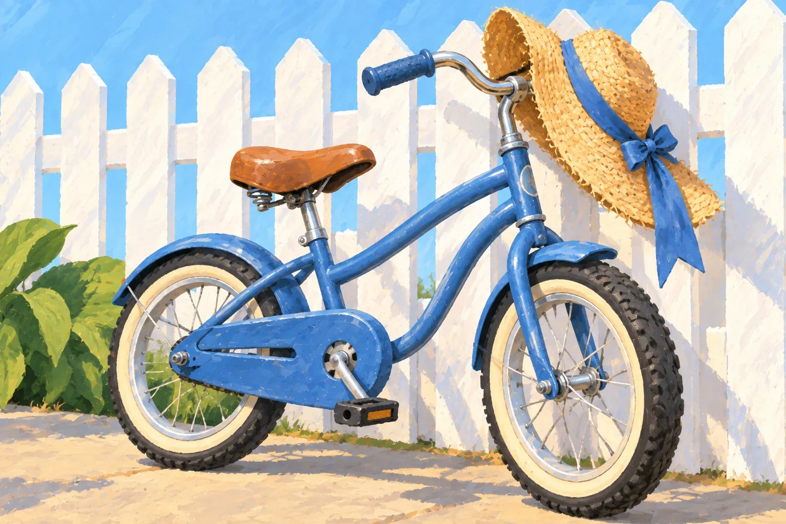 Gouache illustration of a denim-blue child's bicycle with cream-walled tires and a brown leather seat, leaning against a white picket fence on a sunny pavement. A straw sun hat with a blue ribbon tied in a bow hangs from the handlebar, a few large green leaves grow at the left, and blue sky shows behind the fence.
