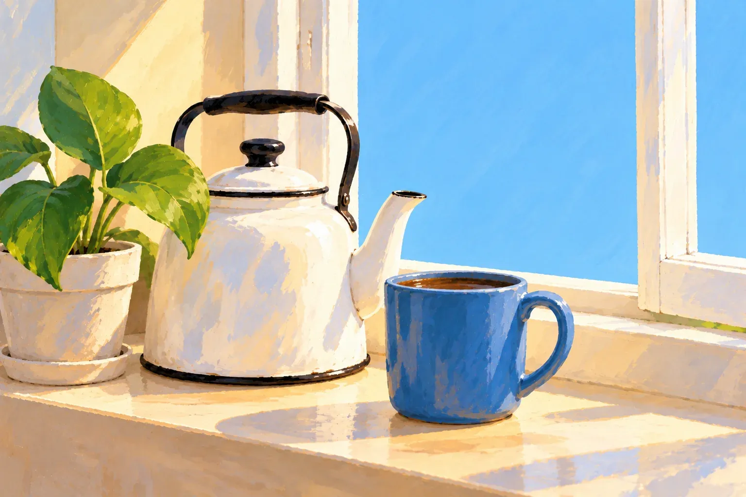 Gouache illustration of a sunny kitchen windowsill in front of an open window with blue sky beyond. On the sill sit a white enamel kettle with a black handle and lid knob, a denim-blue mug of coffee, and a small potted plant with broad green leaves in a cream pot on a saucer.