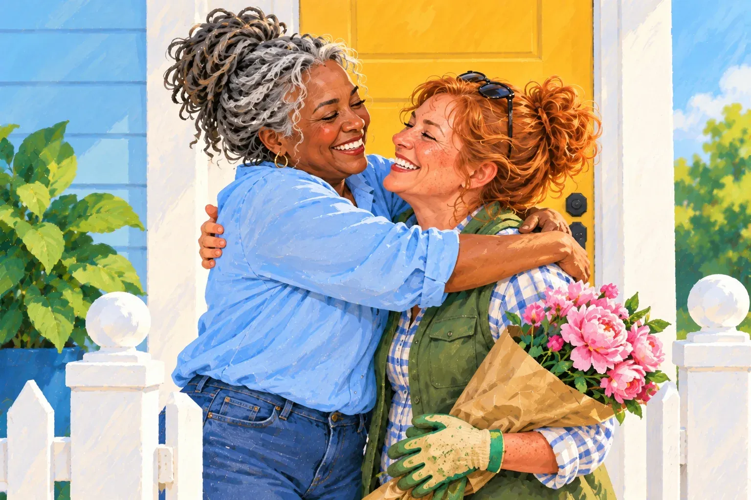 Gouache illustration of two women in their fifties hugging and laughing by a white picket fence in front of a blue house with a yellow door. One is a Black woman with grey locs pinned up, in a sky-blue shirt and jeans. The other is a freckled white woman with red hair, in a green vest over a plaid shirt, wearing gardening gloves and holding a paper-wrapped bunch of pink peonies.