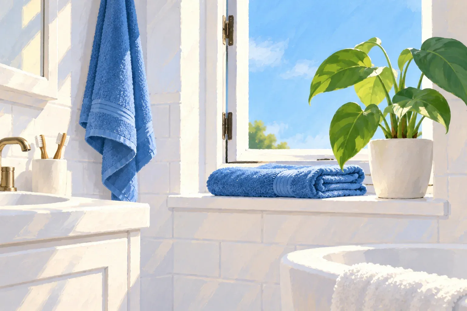Gouache illustration of a sunny white bathroom corner with no one in it. A small window stands open to blue sky, with a folded denim-blue towel on the white sill beside a potted plant with large green leaves. A second blue towel hangs on the tiled wall above a white sink with a brass faucet and a cup of toothbrushes, and the rim of a white tub with a white towel sits in the foreground.