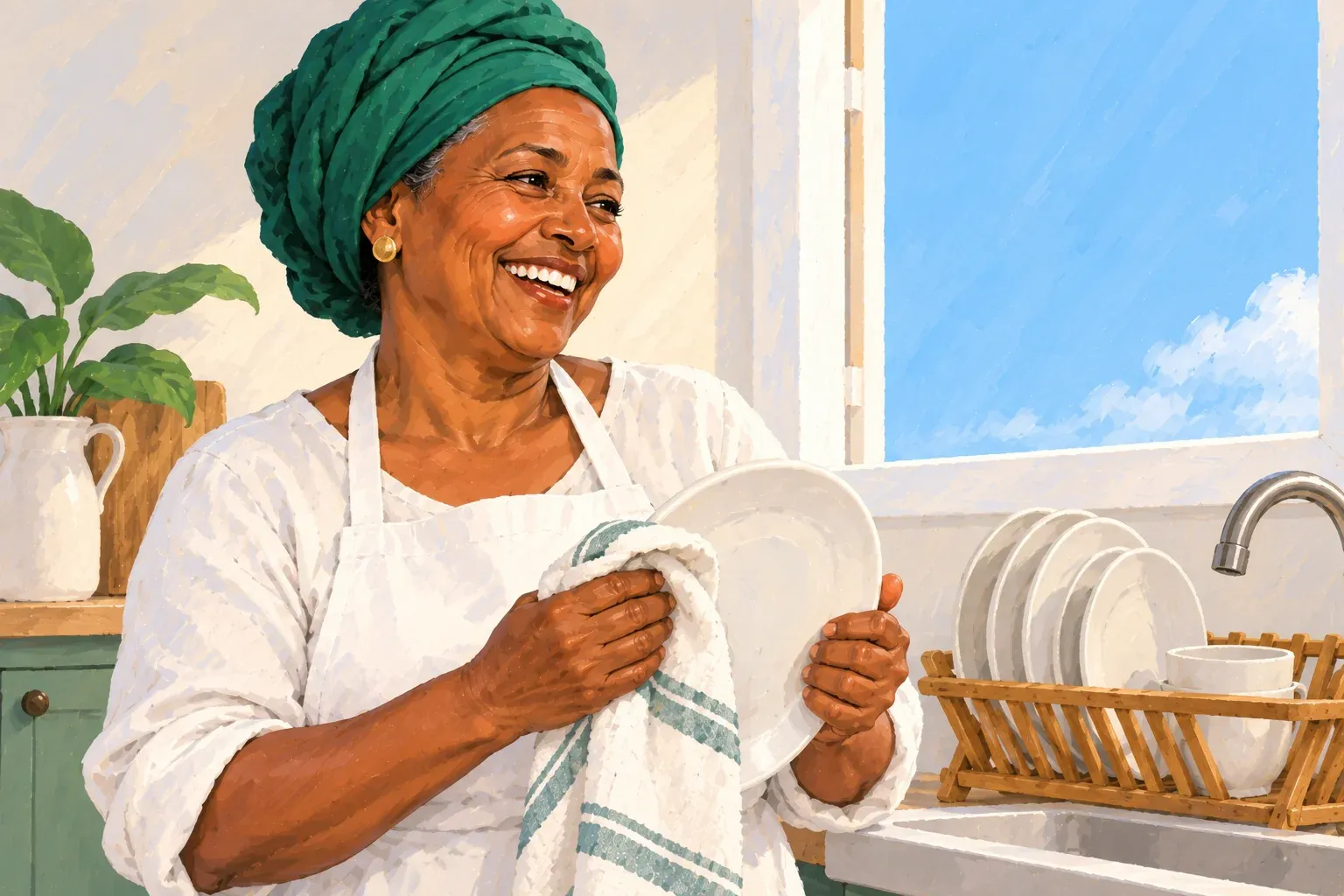 Gouache illustration of a woman in her sixties with an emerald headwrap, gold earrings and a white apron, laughing as she dries a white plate with a white towel striped in teal by a kitchen sink. A wooden dish rack full of white plates and cups sits beside the faucet, a potted plant and white pitcher stand on the counter behind her, and a window shows blue sky.
