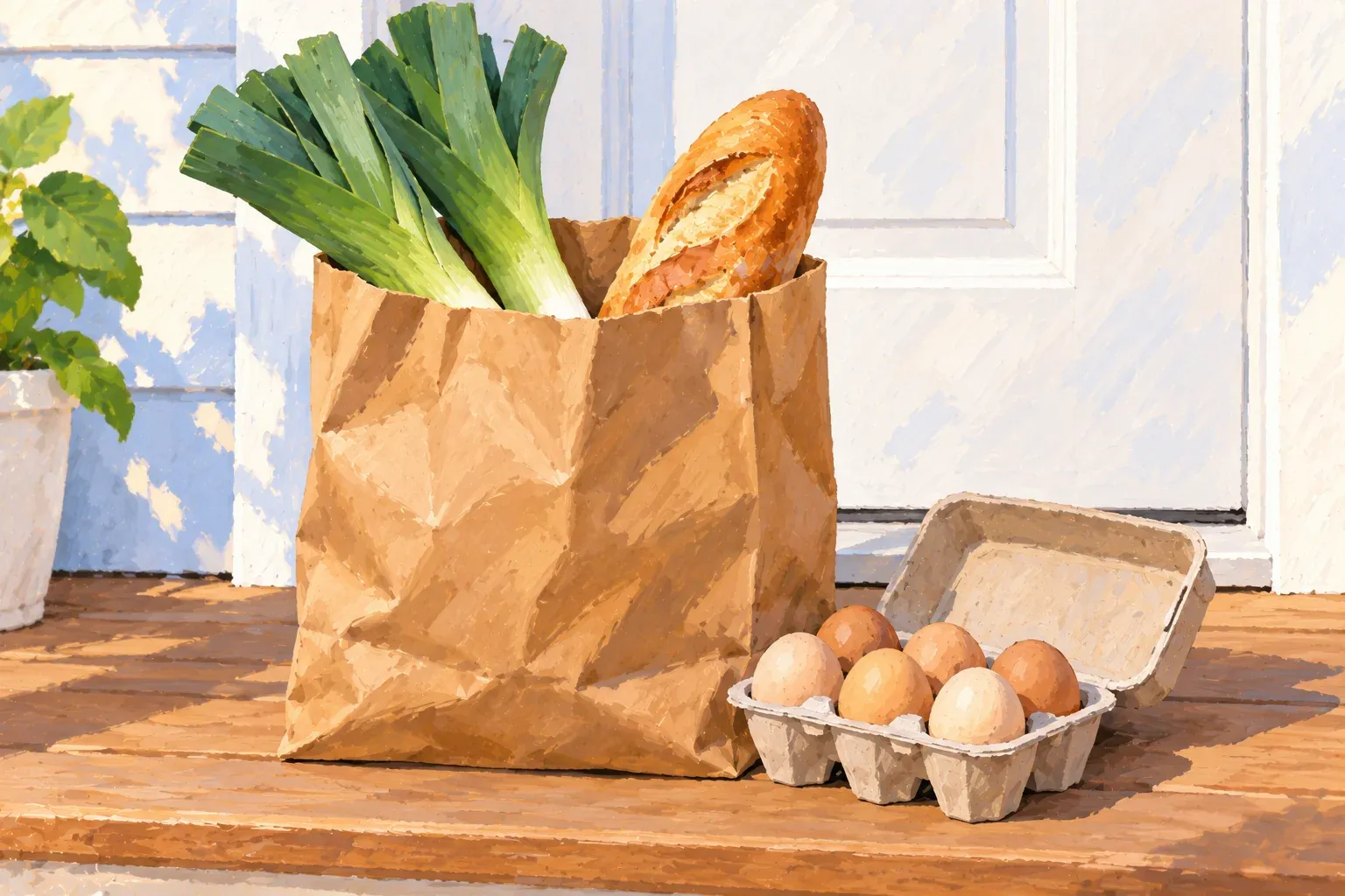 Gouache illustration of a brown paper grocery bag on a sunny wooden porch step, with long green leeks and a crusty baguette poking out of the top. An open carton of six brown eggs sits beside the bag, a white front door fills the background, and a potted plant peeks in at the left edge.