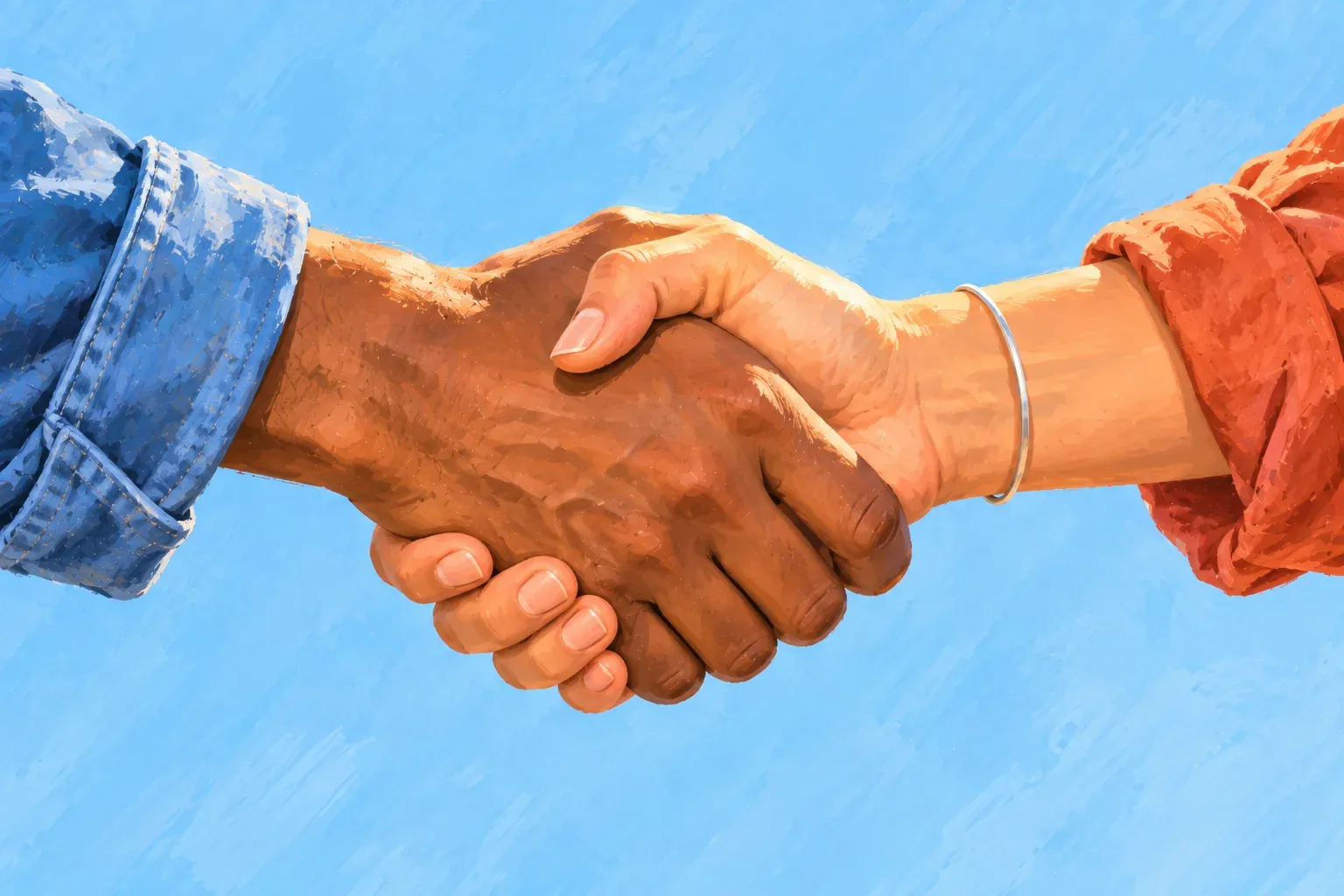 Gouache illustration of two hands clasped in a handshake against a flat sky-blue background. One arm wears a rolled-up denim sleeve, and the other wears a loose terracotta sleeve with a thin silver bracelet at the wrist.