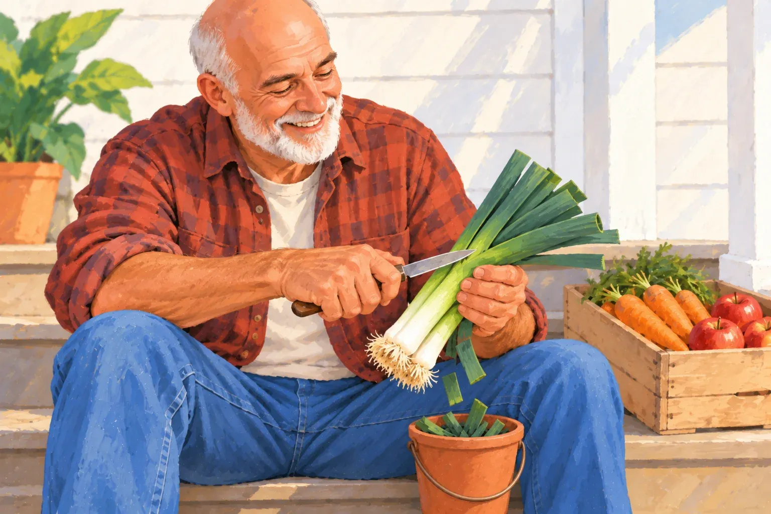 Gouache illustration of a smiling white man in his sixties, bald with a short white beard, in a rust-red plaid flannel shirt over a white tee and blue jeans, sitting on sunny porch steps and trimming the green tops off a bunch of leeks into a small terracotta pail. A wooden crate of carrots and red apples sits on the step beside him, in front of a white clapboard wall.