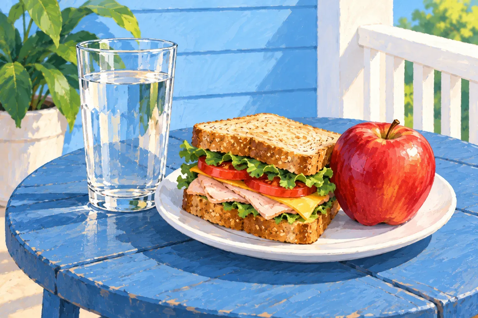 Gouache illustration of a tall glass of water beside a white plate with a sandwich and a red apple, on a round denim-blue table on a sunny porch, with a blue clapboard wall, a white railing and a potted plant behind it.