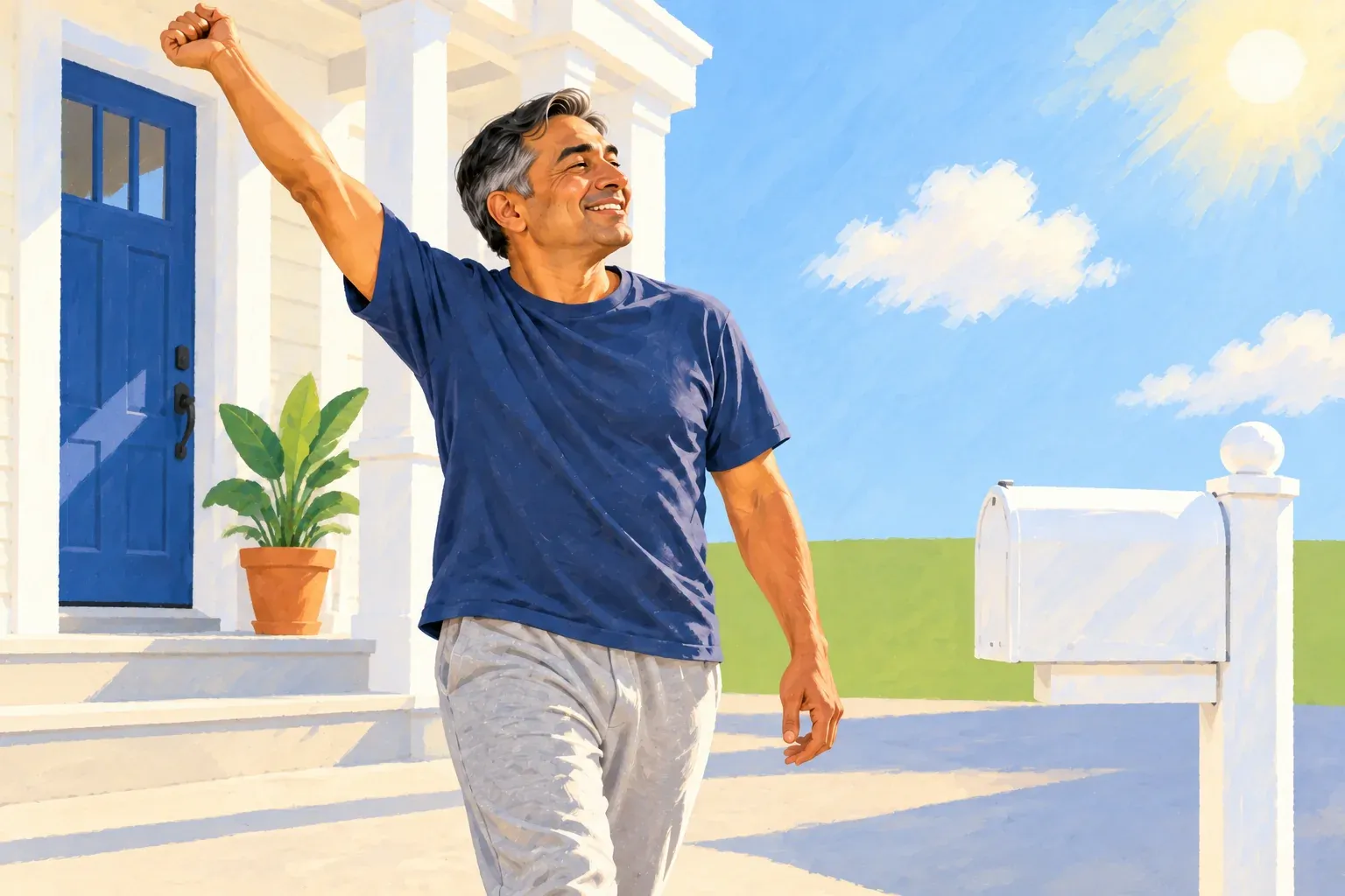 Gouache illustration of a man in his late forties with short black hair greying at the temples, in a navy t-shirt and grey sweatpants, walking down his front path toward a white mailbox in bright morning sun. He stretches one arm over his head and smiles up at the sky. Behind him is a white porch with a blue front door and a potted plant.