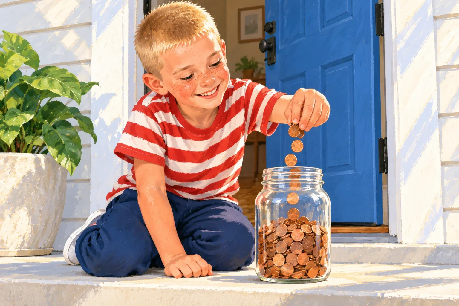 Gouache illustration of a freckled boy about eight with a short blond buzz cut, a red-and-white striped t-shirt and navy joggers, kneeling on a sunny doorstep beside an open blue front door. Smiling, he drops copper coins one by one into a big clear glass jar that is already half full of pennies, next to a white pot with a leafy green plant.