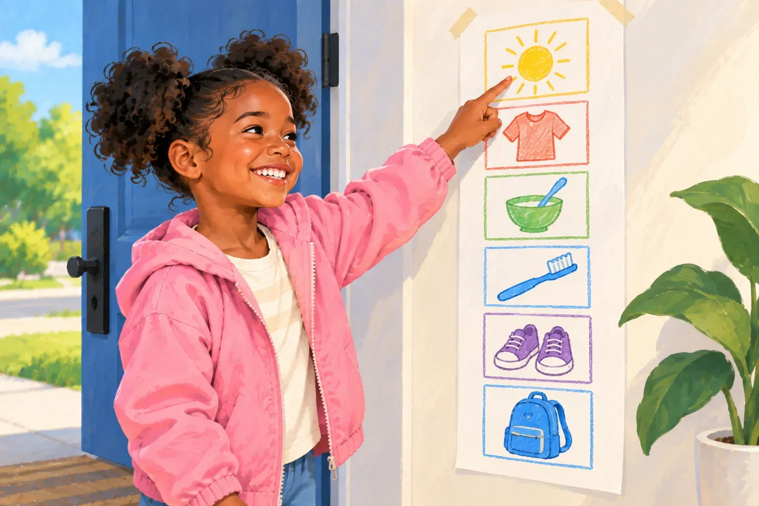 Gouache illustration of a smiling Black girl about seven with curly hair in two puffs, a pink jacket and a cream striped top, standing by an open blue front door and pointing at a tall paper chart taped to a white wall. The chart shows six crayon drawings in boxes, one above the other, of a yellow sun, a red shirt, a green bowl with a spoon, a blue toothbrush, purple sneakers and a blue backpack.
