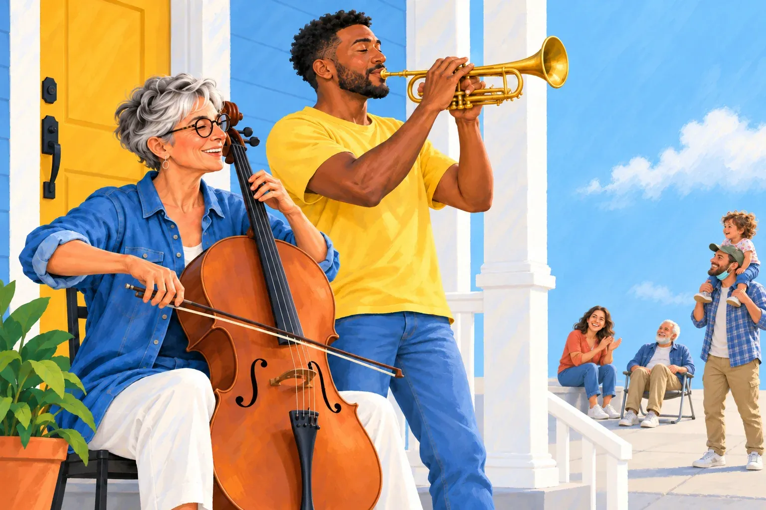 Gouache illustration of a spring porch concert. On a porch by a yellow door, a woman in her fifties with a silver pixie cut and round glasses plays a cello while a young Black man in a yellow t-shirt plays a trumpet. Down on the sidewalk, a few neighbors listen from a distance, one with a toddler on his shoulders.