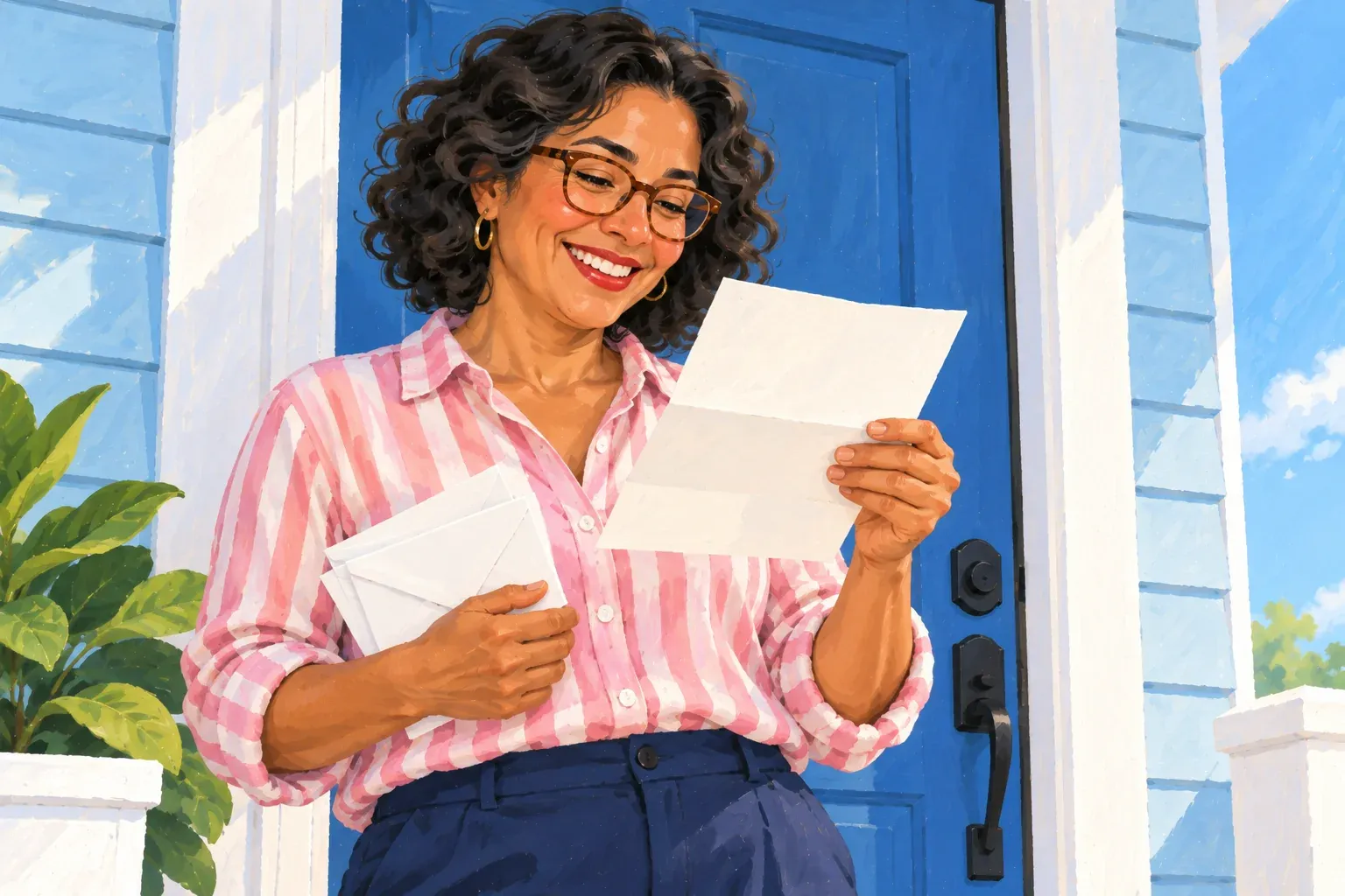 Gouache illustration of a Latina woman in her mid-forties with chin-length curly black hair and tortoiseshell glasses, in a pink-and-white striped shirt with rolled sleeves and navy trousers. She stands on her front step in front of a denim-blue door, smiling as she reads a letter and holds a few white envelopes.
