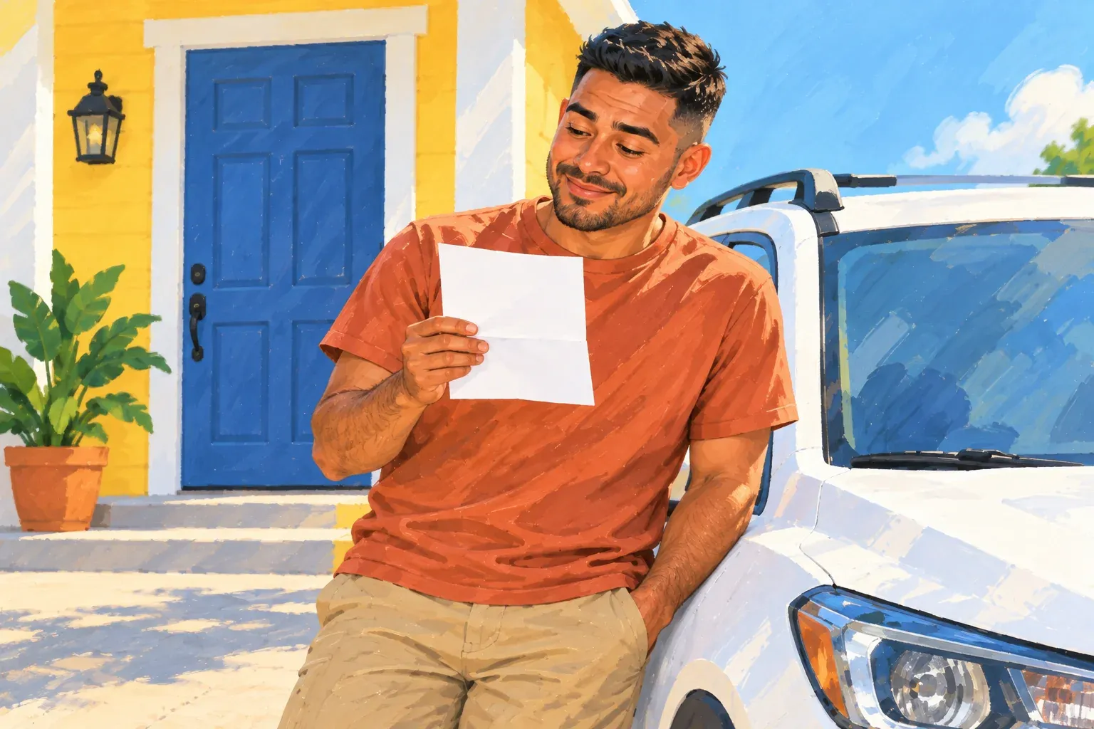 Gouache illustration of a young Latino man with a short black fade haircut and stubble, in a terracotta-orange t-shirt and khaki shorts, leaning on a white SUV in a sunny driveway and reading a blank sheet of paper with a half smile. Behind him is a yellow house with a blue front door and a potted plant.