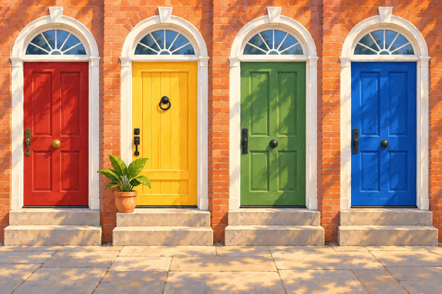 Gouache illustration of four brick townhouse front doors in a row, painted red, yellow, green and blue. Each door sits under a white arched frame with a half-round fanlight window and stands above two pale stone steps, and a potted plant with a few large leaves rests beside the yellow door.
