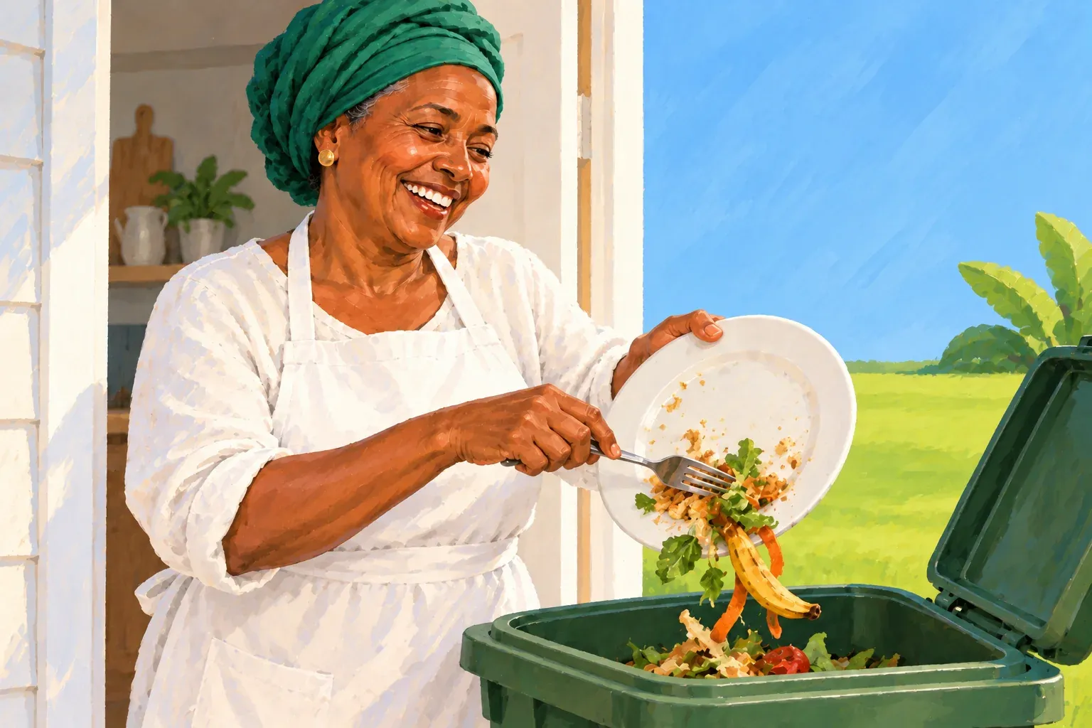 Gouache illustration of a smiling woman in her sixties with an emerald headwrap and a white apron, standing in an open back doorway and scraping leftover salad and a banana peel off a white plate with a fork into a green compost bin with its lid open. Behind her is a sunny lawn under blue sky.