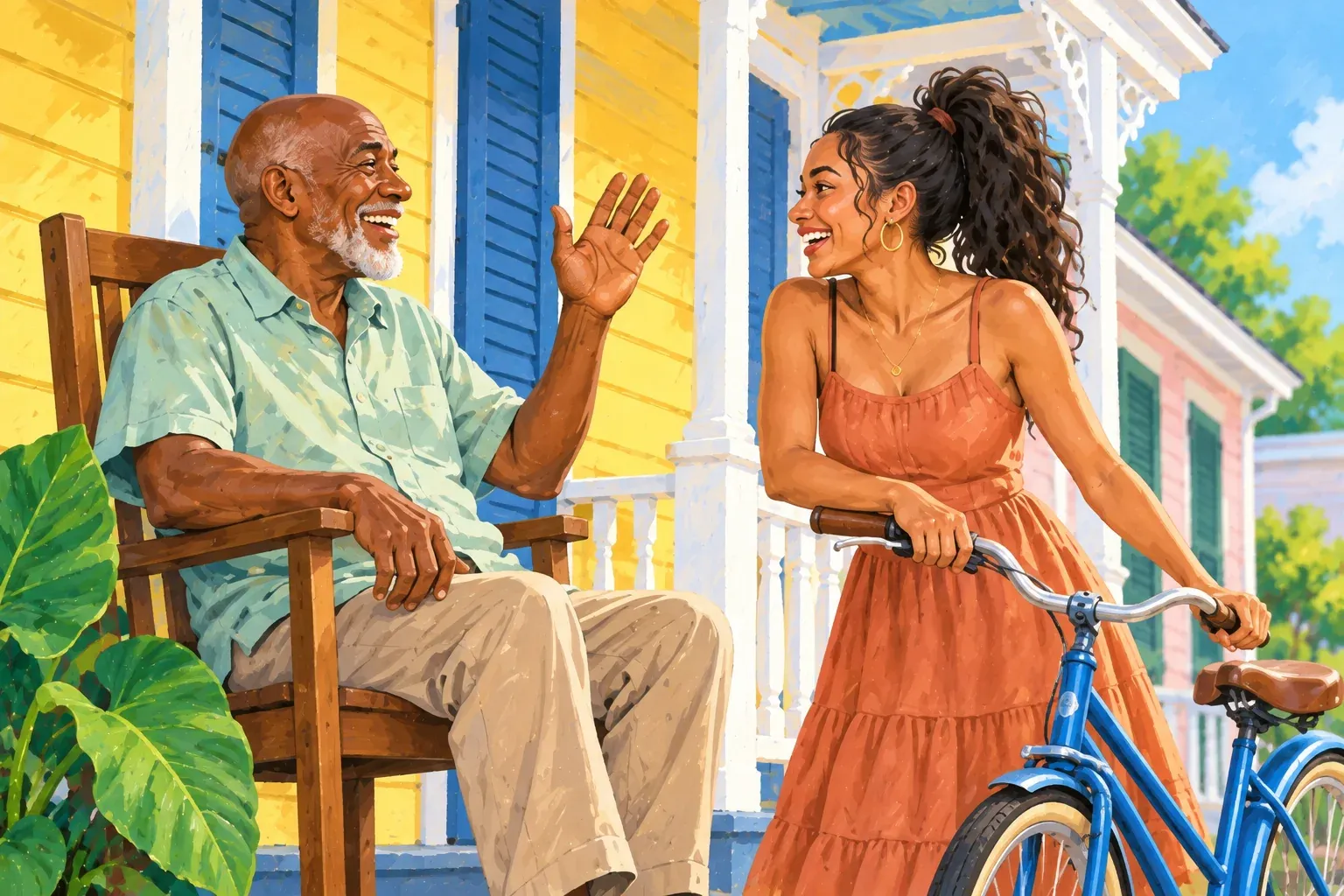Gouache illustration of the porch of a pale yellow New Orleans shotgun house with blue shutters and white posts. A Black man in his seventies with a grey goatee and a mint-green shirt waves and laughs from a straight-backed wooden chair beside a big leafy plant. A young woman in a terracotta sundress with a long dark ponytail stands with her blue bicycle at the porch rail, laughing with him.