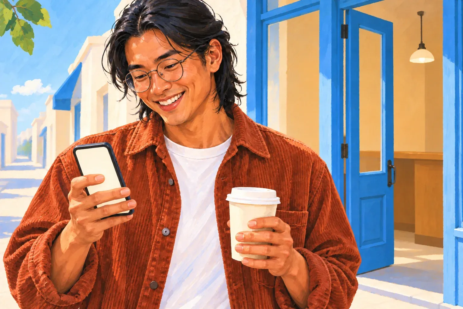 Gouache illustration of a young East Asian man with shoulder-length black hair and round wire glasses, in a rust-brown corduroy overshirt over a white tee, standing on a sunny sidewalk outside a shop's open blue door. He holds a paper coffee cup in one hand and smiles at the blank screen of the phone in his other hand.