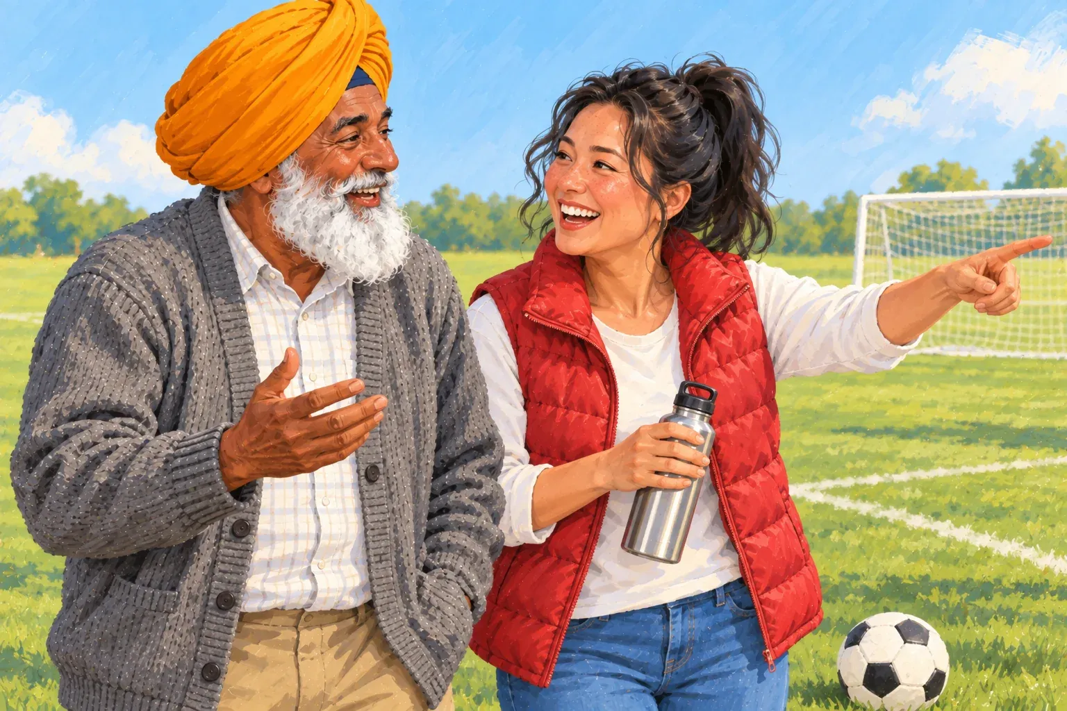 Gouache illustration of a Sikh man in his sixties with a saffron turban, a white beard and a grey cardigan laughing on the sideline of a grassy soccer field. Beside him, a Korean-American woman in her forties with a high black ponytail, a cherry-red puffer vest, a white long-sleeved shirt and jeans holds a steel water bottle and points toward the goal. A black-and-white soccer ball sits on the grass.