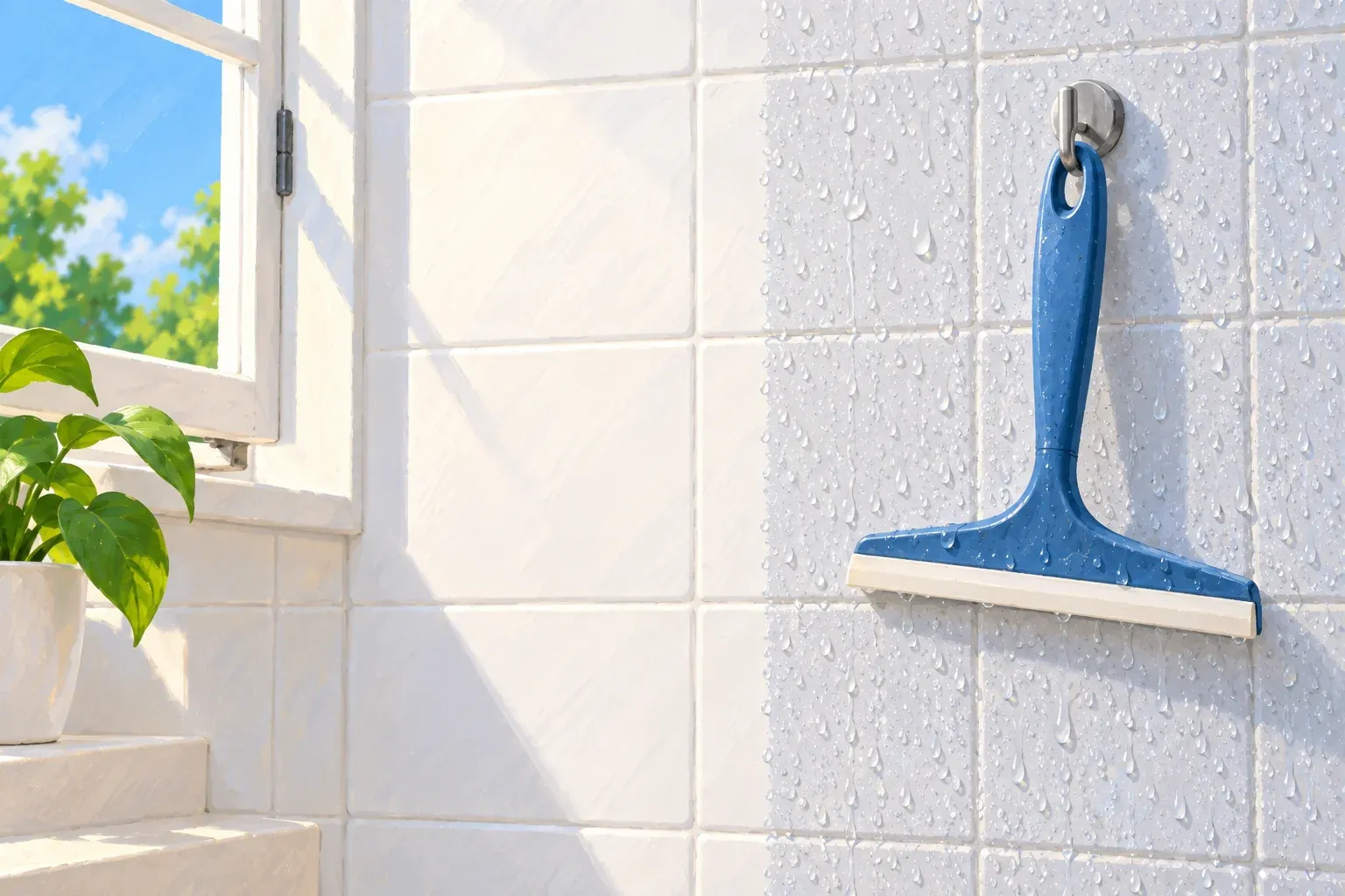 Gouache illustration of a white tiled shower wall beside a small window open to blue sky and green trees. A denim-blue squeegee hangs from a metal hook on the wet half of the wall, which is covered in water droplets, while the half nearest the window is wiped dry. A potted plant with a few large leaves sits on the sill.