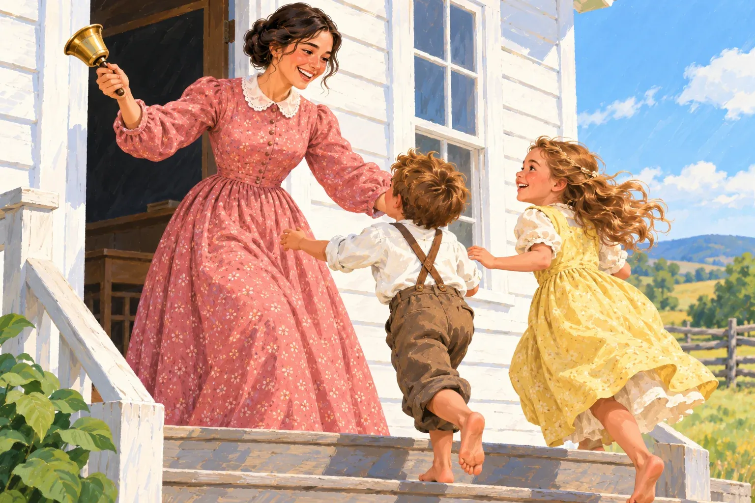 Gouache illustration of a young country schoolteacher in a long rose-pink calico dress with a white lace collar, her dark brown hair pinned up, smiling and ringing a brass hand bell on the steps of a white clapboard schoolhouse. A barefoot boy in a white shirt, brown suspenders and rolled trousers and a barefoot girl in a pale yellow dress run up the steps toward her, with green hills and a split-rail fence behind them.