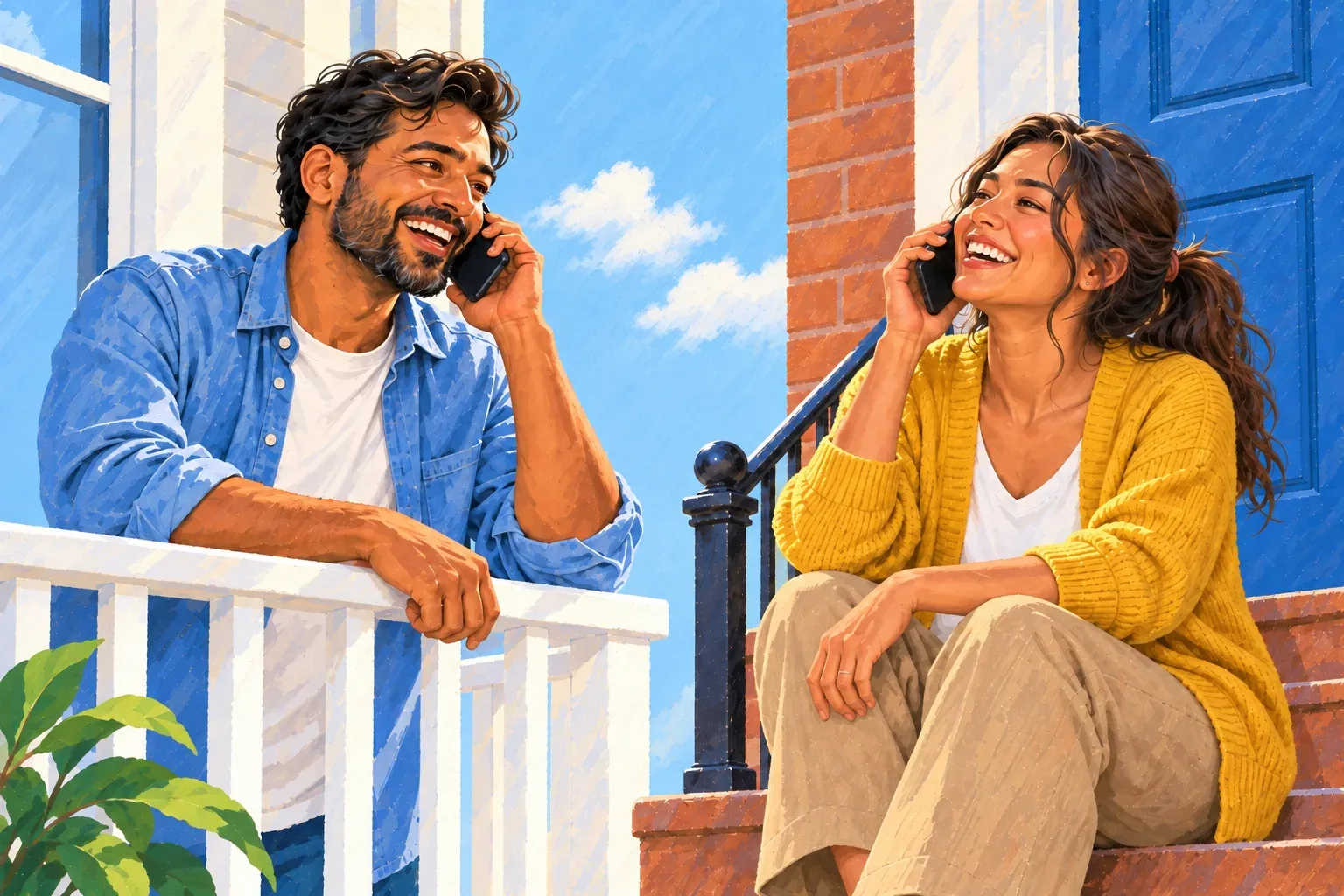 Gouache illustration of two friends on the phone with each other on a sunny morning. On the left, a South Asian man in his late thirties with wavy black hair and a short beard, in a white t-shirt and an open denim shirt, leans on a white balcony railing, laughing with a phone to his ear. On the right, a woman in her early thirties with long wavy dark hair in a low ponytail, in a mustard-yellow cardigan and tan trousers, sits on a brick stoop by a blue front door, laughing with her phone to her ear.