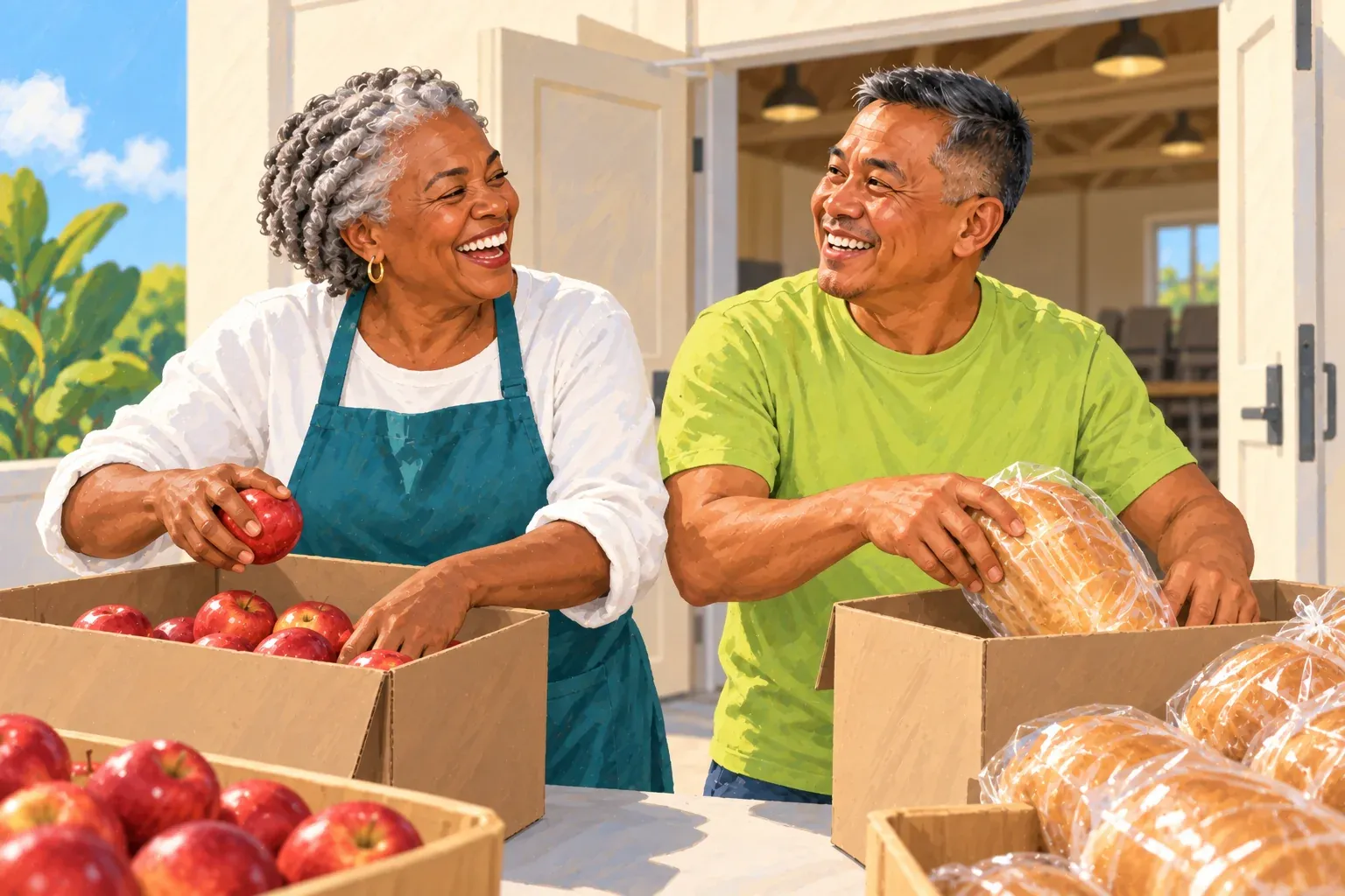 Gouache illustration of a Filipino man in his forties with a salt-and-pepper crew cut and a lime t-shirt packing a bagged loaf of bread into a cardboard box at a folding table outside a cream community hall. Beside him, a laughing Black woman in her sixties with short silver twists, gold hoop earrings, a teal apron and a white long-sleeved shirt packs red apples into another box.