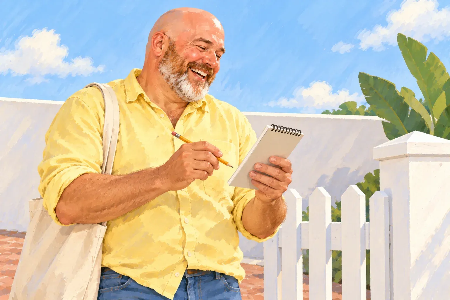 Gouache illustration of a bald white man in his fifties with a ginger-grey beard, a pale-yellow shirt with rolled sleeves and a canvas tote on his shoulder, standing by a white picket gate on a brick walkway under a blue sky, smiling as he reads a small spiral notepad with a pencil in hand.
